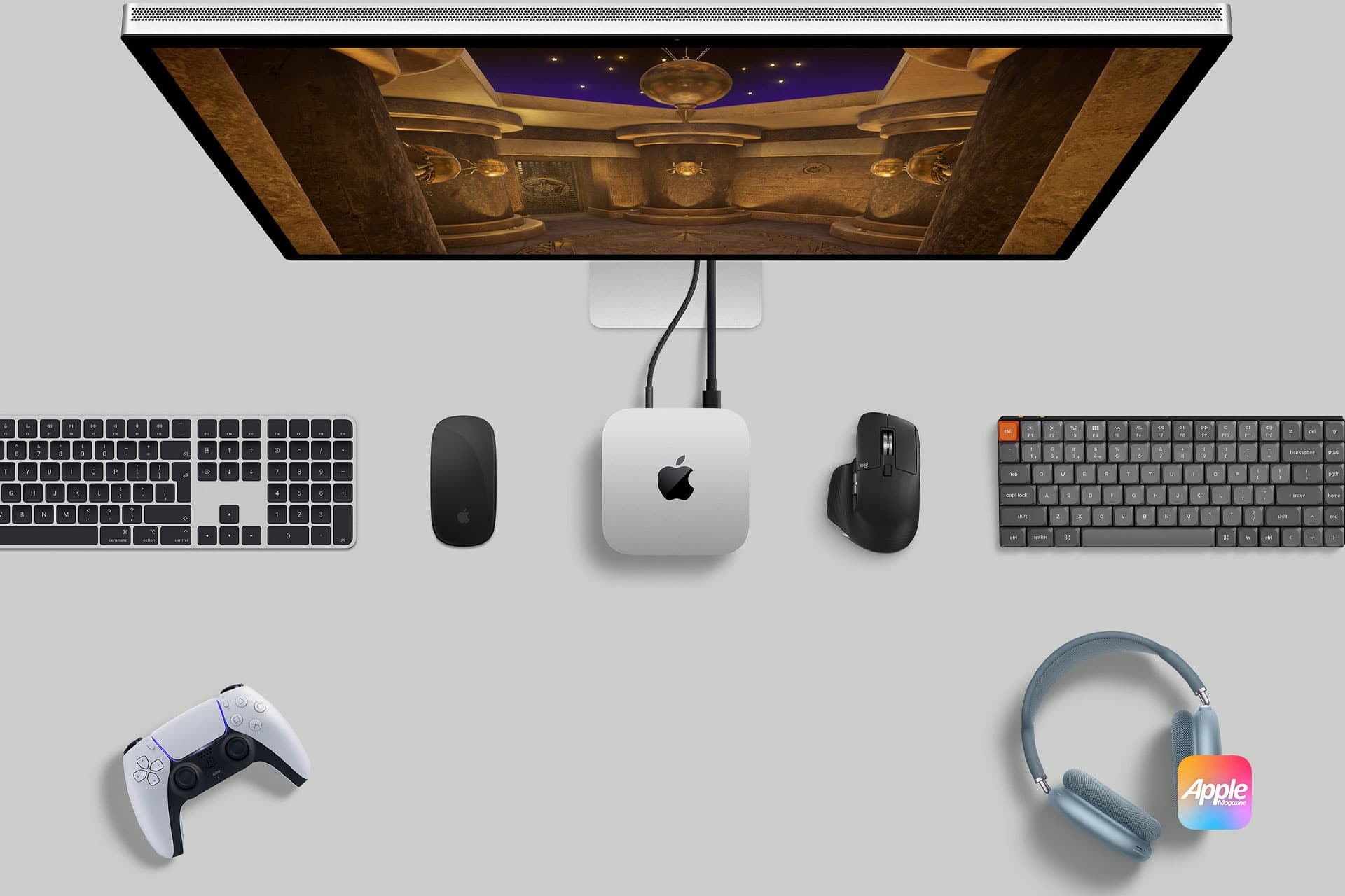 A computer setup featuring an Apple Mac Mini M4 connected to a monitor displaying a game. Surrounding the setup are a wireless keyboard, mouse, gaming controller, headphones, and the Apple logo in the corner.