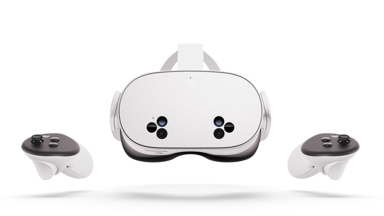 A Meta Quest 3S virtual reality headset with two matching controllers, featuring a sleek design and multiple camera sensors on the front, is displayed against a plain white background.