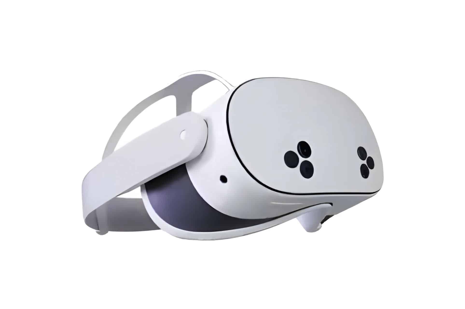 A Meta Quest 3S virtual reality headset with straps and multiple sensors on the front, set against a plain white background.