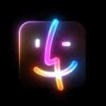 A colorful neon logo resembling a stylized face with a smile, featuring a curvy line for the nose and mouth, set on a dark background. The colors include bright shades of blue, pink, yellow, and orange.