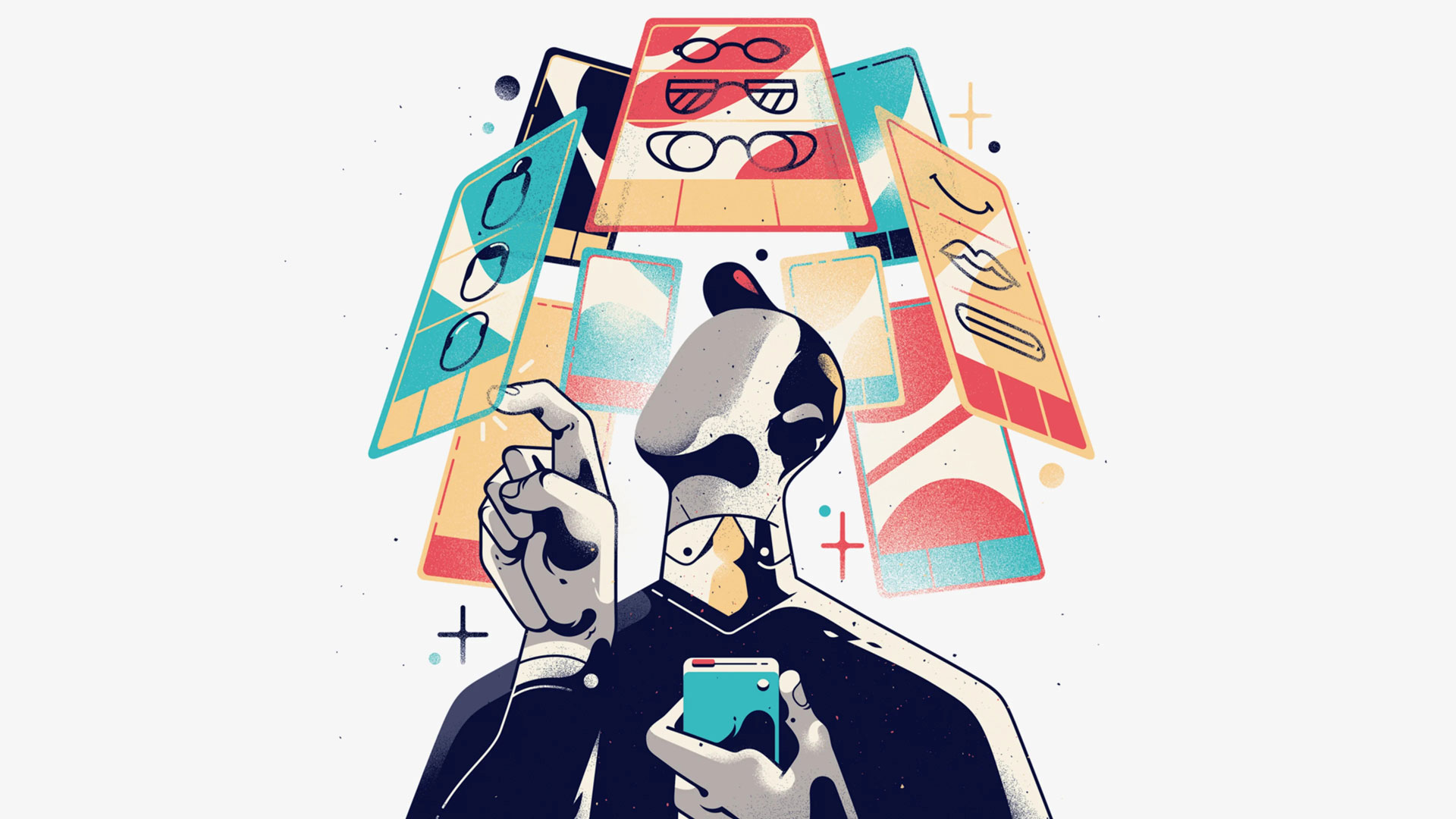 A futuristic character interacts with a digital display, selecting from an array of AI-powered eyewear options. The background features colorful geometric shapes, evoking the feel of a high-tech, virtual shopping experience where custom Bitmojis come to life.