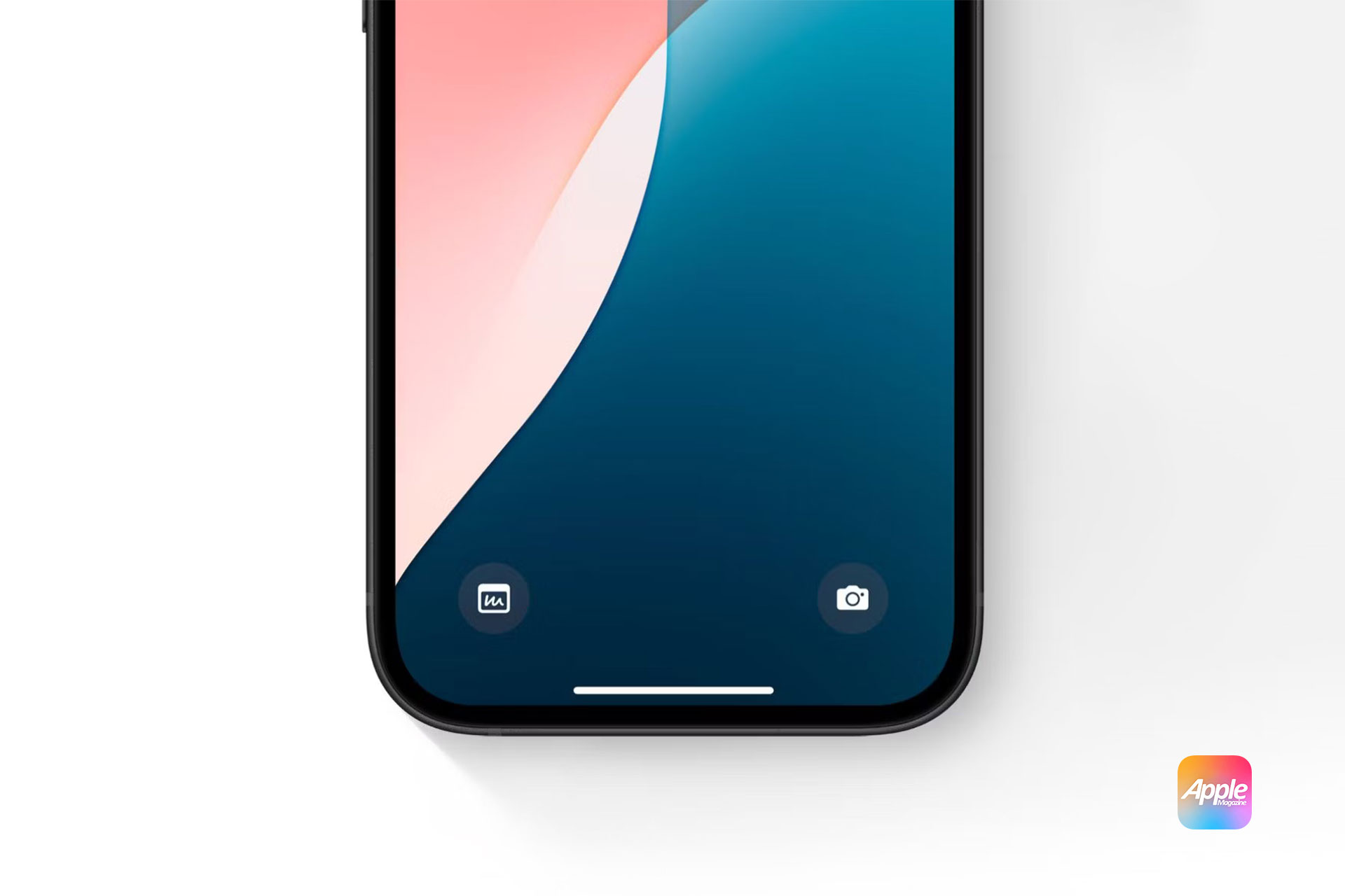 iOS 18 Lock Screen Controls: An iPhone running the newest iOS 18. The background fades from black to vibrant colors at the bottom. An AppleMagazine logo is in the lower right corner of its iOS 18 lock screen.