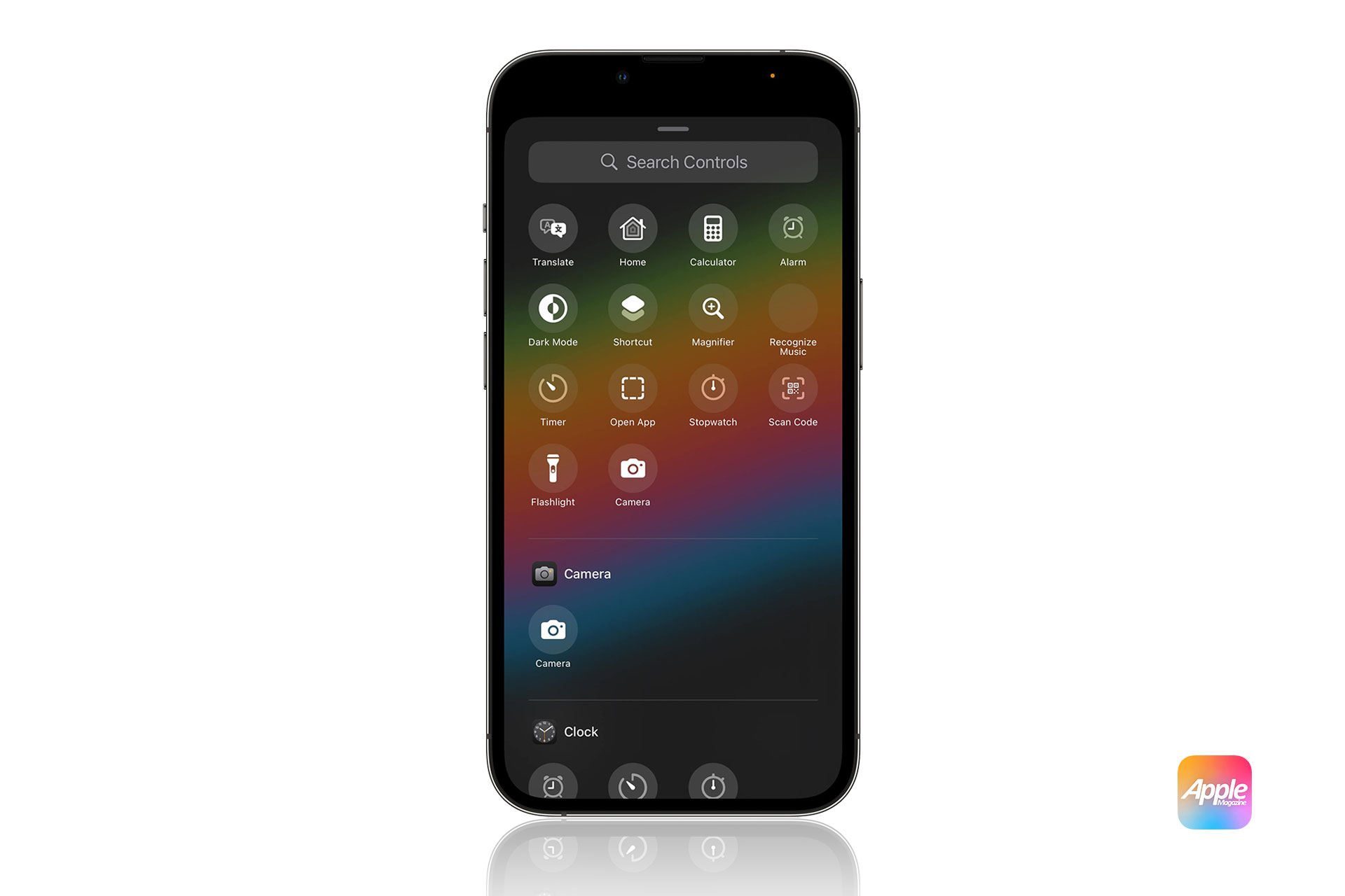 iOS 18 Lock Screen Controls: An iPhone displaying a menu of control options like Translate, Home, Calculator, Alarm, Dark Mode, Shortcut, Magnifier, Recognize, Timer, Flashlight, Camera, and Scan Code. The background fades from black to vibrant colors at the bottom. An AppleMagazine logo is in the lower right corner of its iOS 18 lock screen.