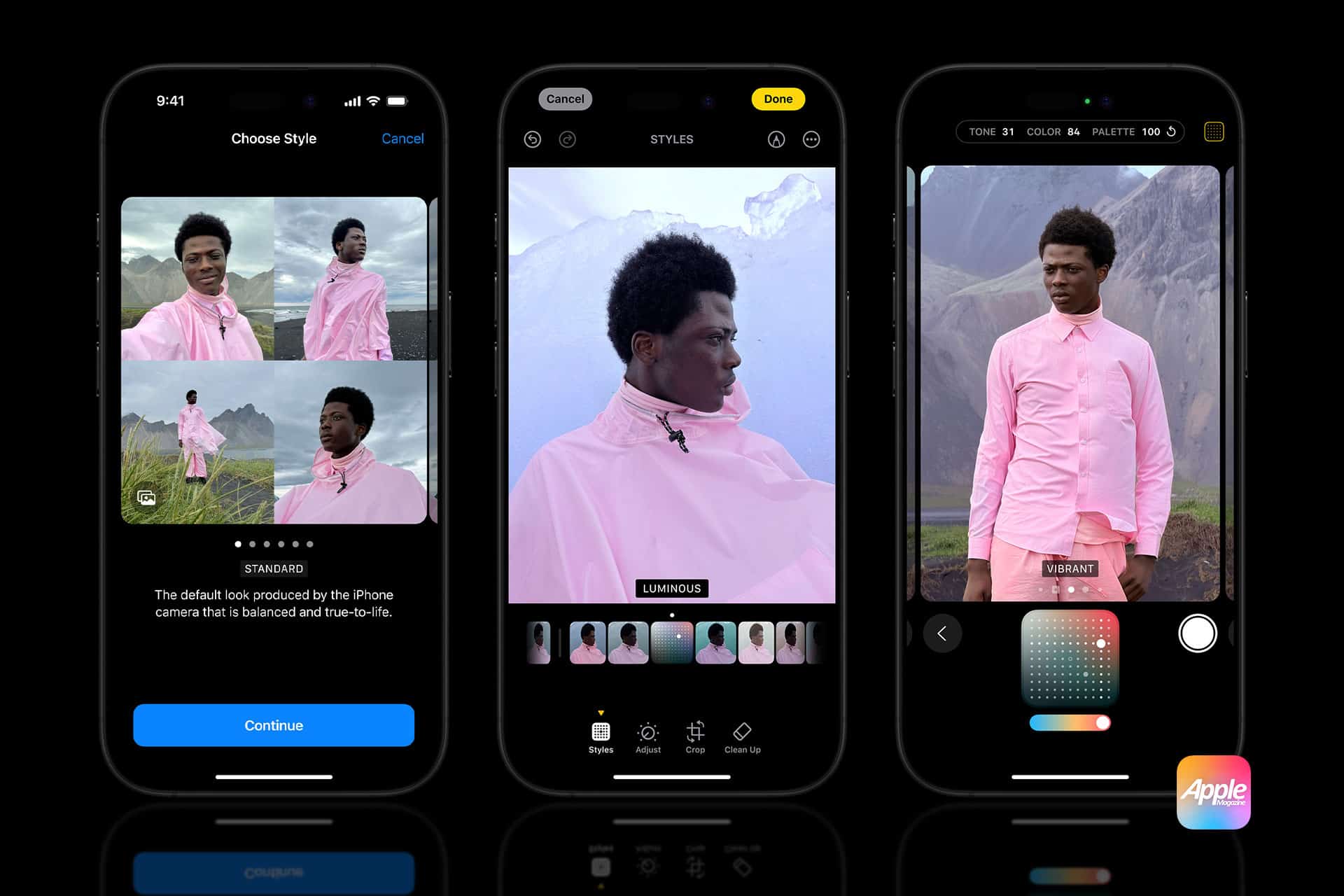 Photographic Styles: Three iPhones reveal Apple's photo editing secrets. The first displays an interface with multiple style options, the second showcases a color and style adjustment tool, while the third focuses on editing a portrait using advanced color grading features.