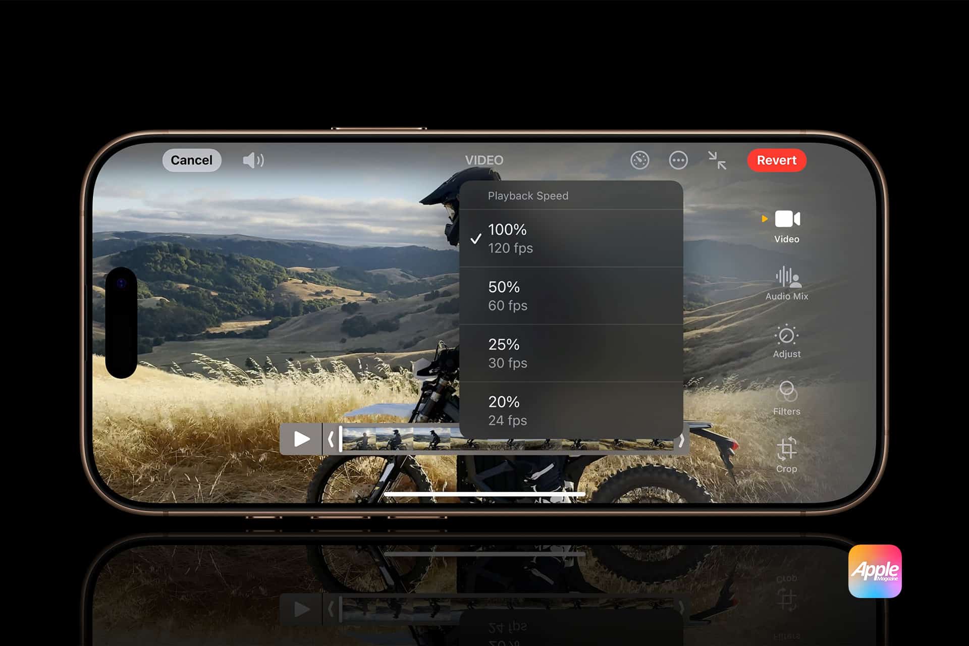 An iPhone displays a video editing interface showing playback speed options over a paused video of a person on a motorcycle in a scenic landscape with rolling hills. The speed options range from 100% (120 fps) to 20%.