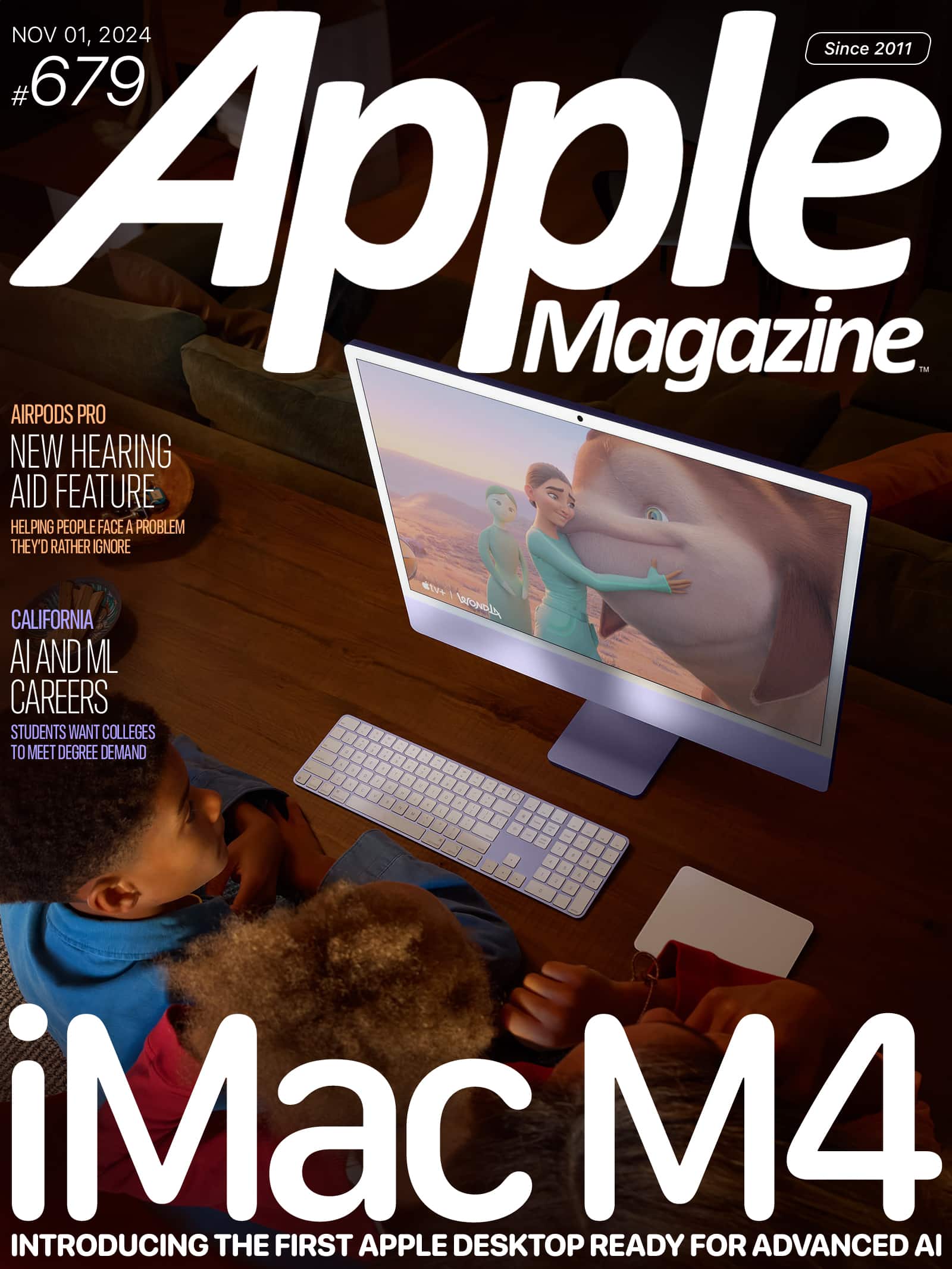 Cover of Apple Magazine issue #679 featuring a large "iMac M4" text. Headlines include topics on AI, AirPods Pro, and California AI careers. A child watches an animated movie on a computer, showing an elephant and two characters on the screen.