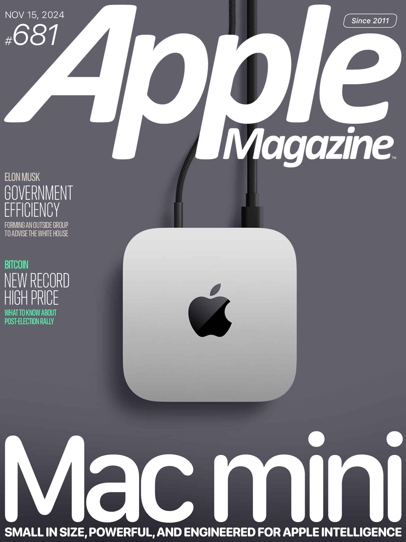 Cover of Apple Magazine, Issue #681, dated November 15, 2024. Features the Mac mini with two cables connected, headlines on Elon Musk and Bitcoin, and the tagline "Small in size, powerful, and engineered for Apple intelligence.