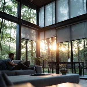 A person sits on a gray couch in a spacious, modern living room with floor-to-ceiling windows adorned with motorized shades. Sunlight filters through trees outside, creating a warm ambiance. A dining table is nearby, completing the setting of modern home essentials. The "Apple" logo is in the bottom corner.