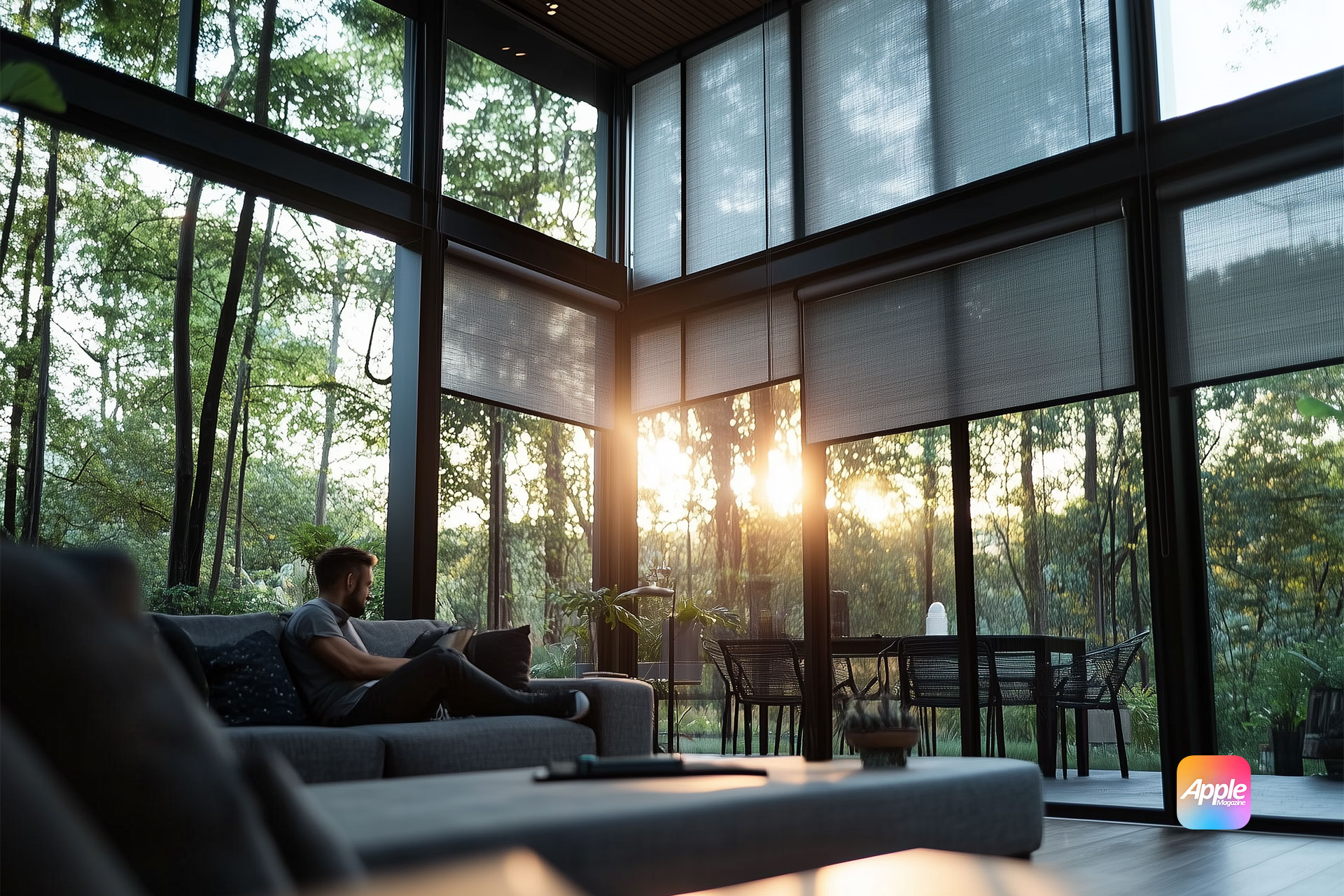 A person sits on a gray couch in a spacious, modern living room with floor-to-ceiling windows adorned with motorized shades. Sunlight filters through trees outside, creating a warm ambiance. A dining table is nearby, completing the setting of modern home essentials. The "Apple" logo is in the bottom corner.