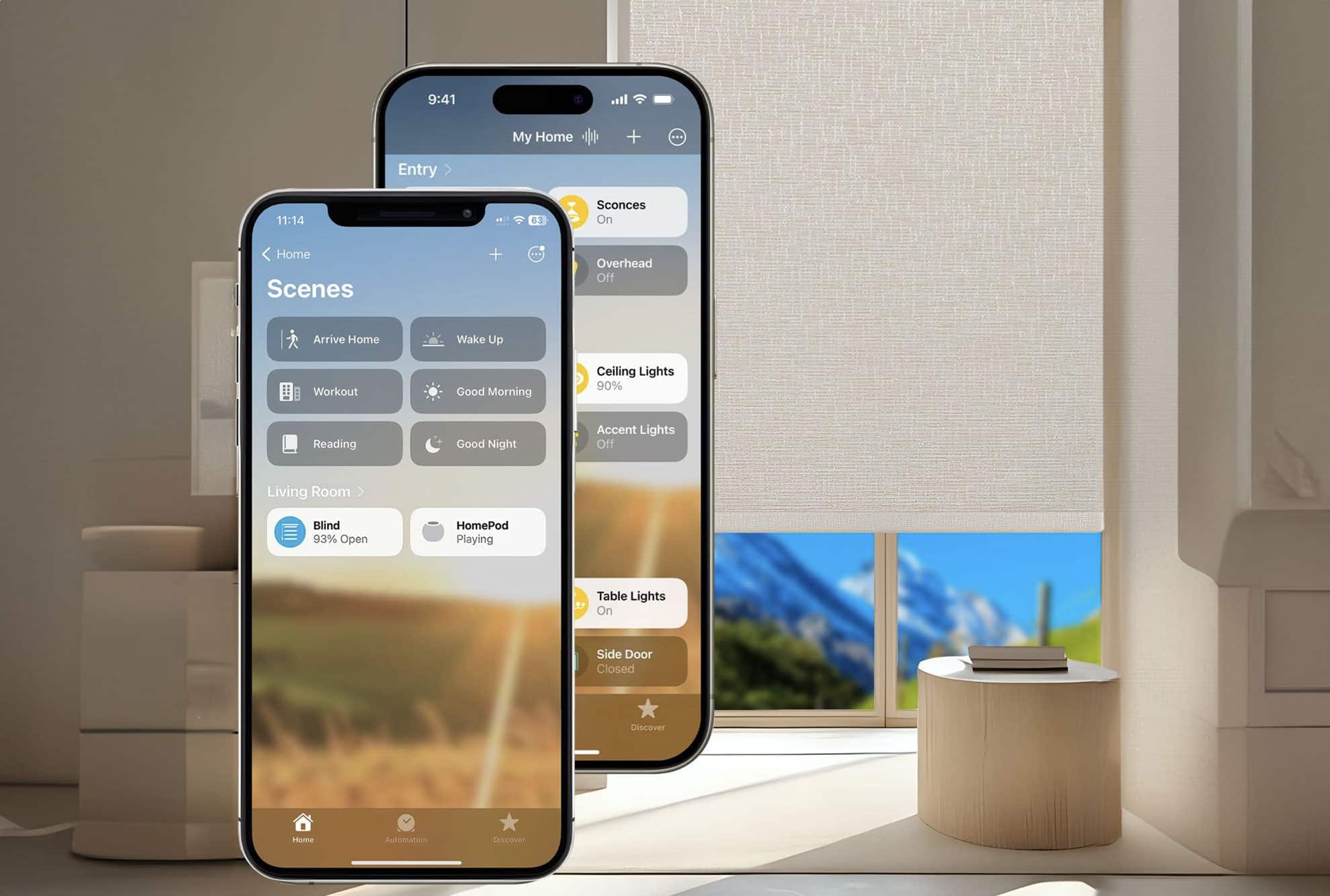 Two smartphones display a home automation app, showcasing options for controlling scenes and lighting—key features in modern home essentials. Set in a sleek room with a large window, light filters through motorized shades, revealing a blurry outdoor landscape.