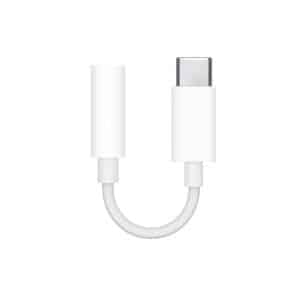 An image of a white USB-C to 3.5 mm headphone jack adapter, similar in function to a Lightning to Headphone Jack Adapter. It features a short, flexible cable with a USB-C connector on one end and a 3.5 mm audio port on the other, perfect for connecting headphones to compatible devices.