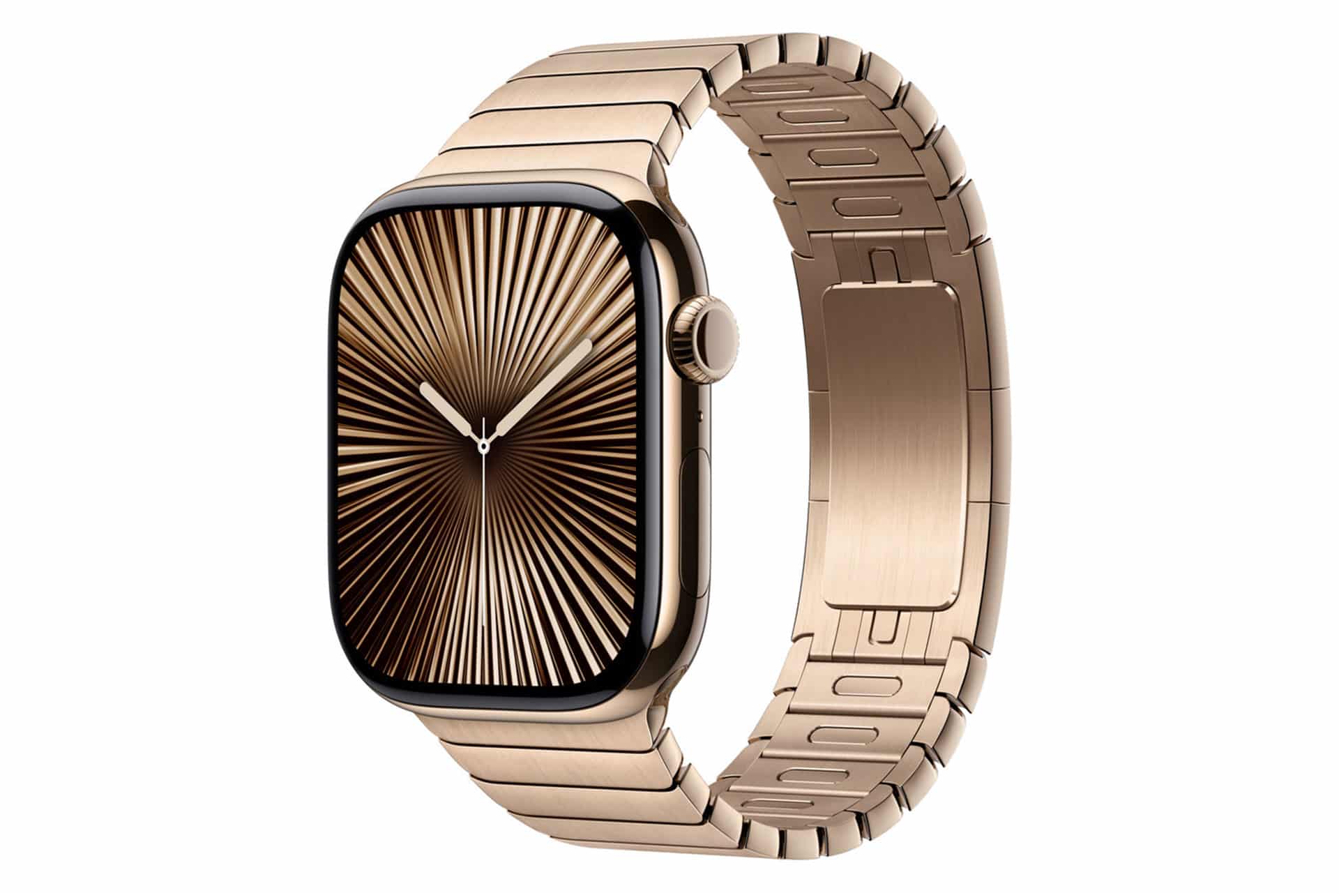 A gold Apple Watch showcases a metallic link bracelet with an abstract, radiating display pattern. This timepiece features a sleek, modern design with a curved rectangular face and a side button.