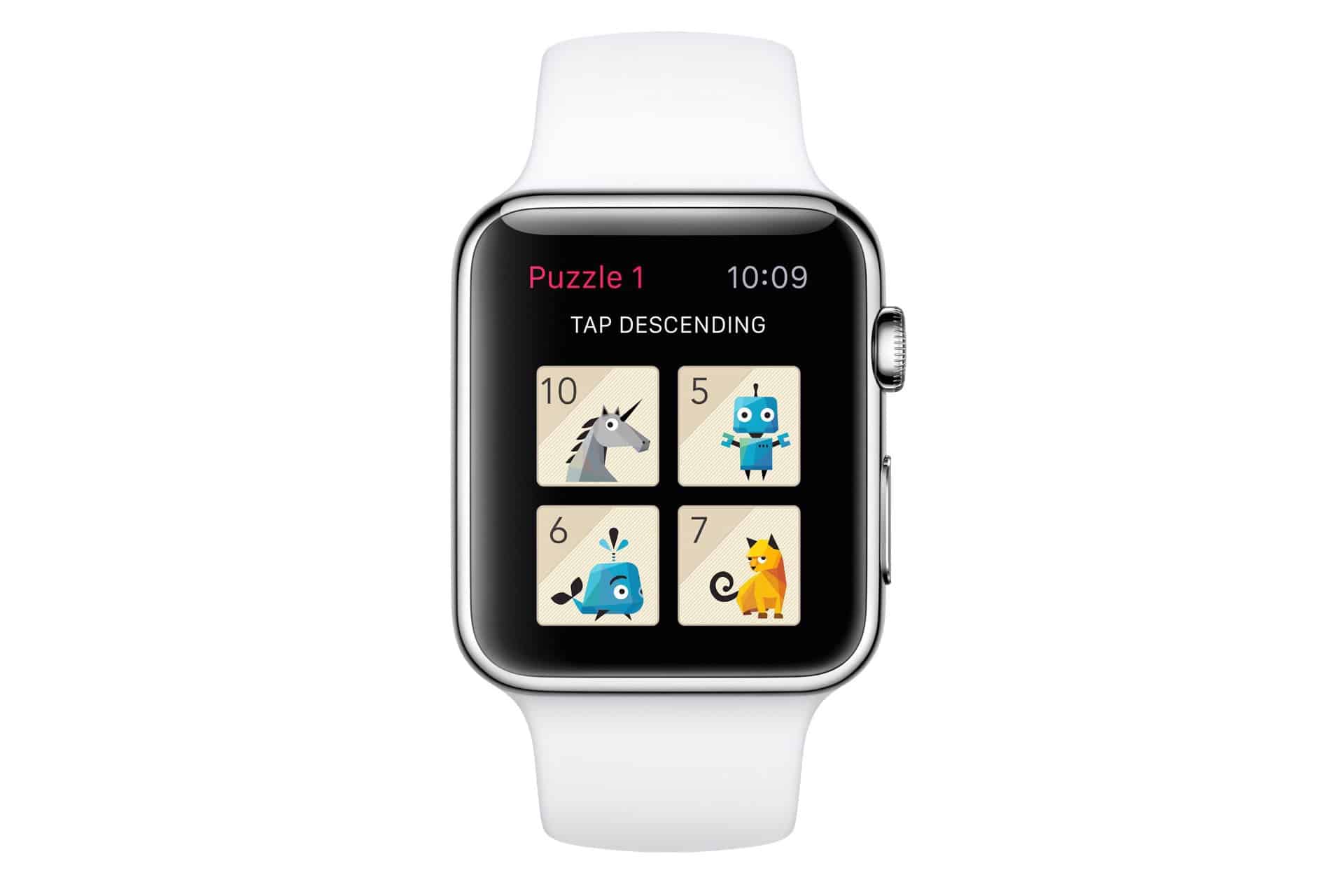 The Apple Watch screen showcases a delightful puzzle game, featuring four cartoon squares with varying animals and numbers. "Puzzle 1" and "TAP DESCENDING" are displayed, alongside the time 10:09. This engaging best-in-class game is set on a smartwatch with a sleek white band.