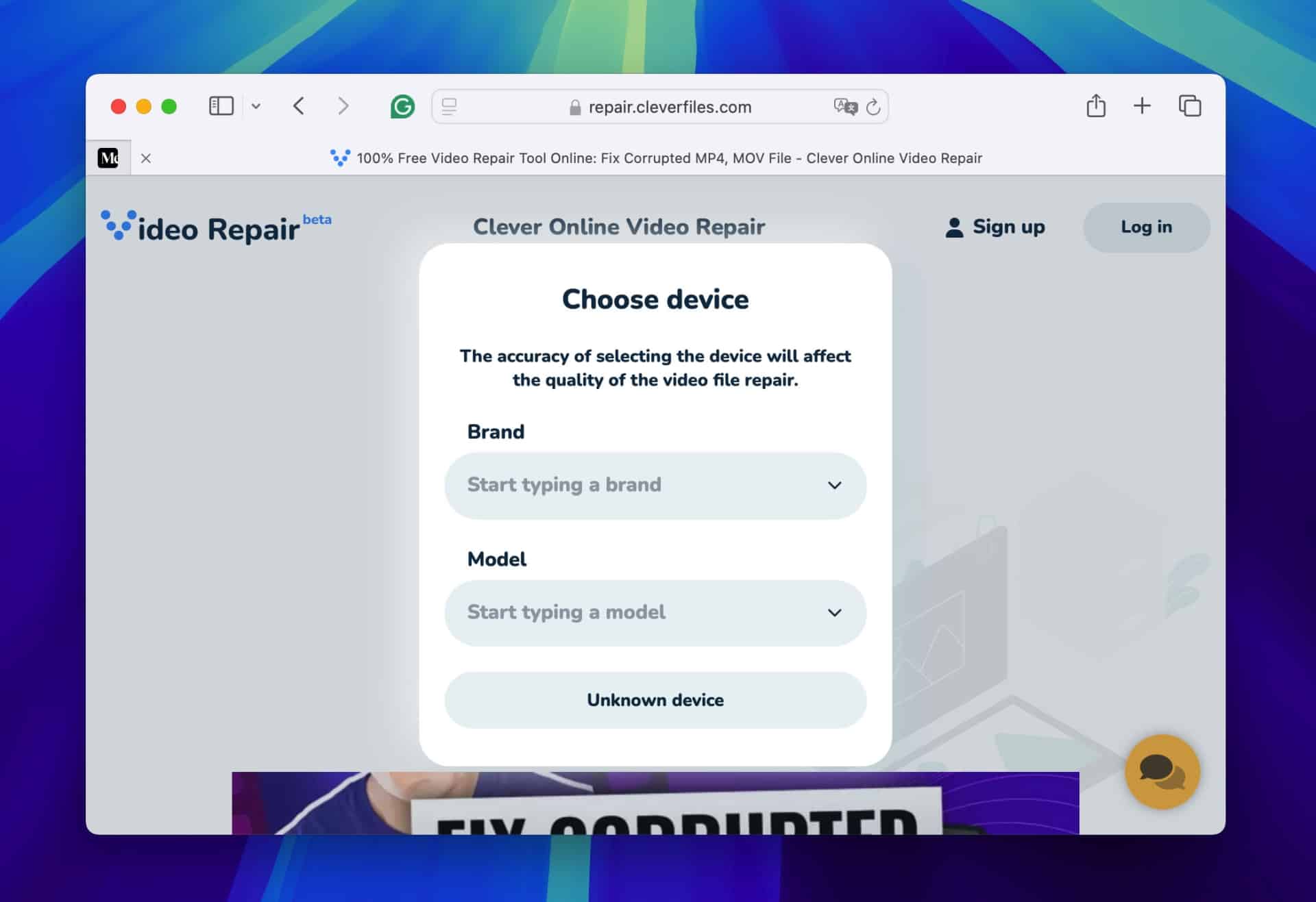 A webpage titled "Clever Online Video Repair" features a dialog box prompting users to select a device, like macOS, for fixing corrupted video files. Fields include brand and model with an "Unknown device" option. The page showcases a colorful abstract background.