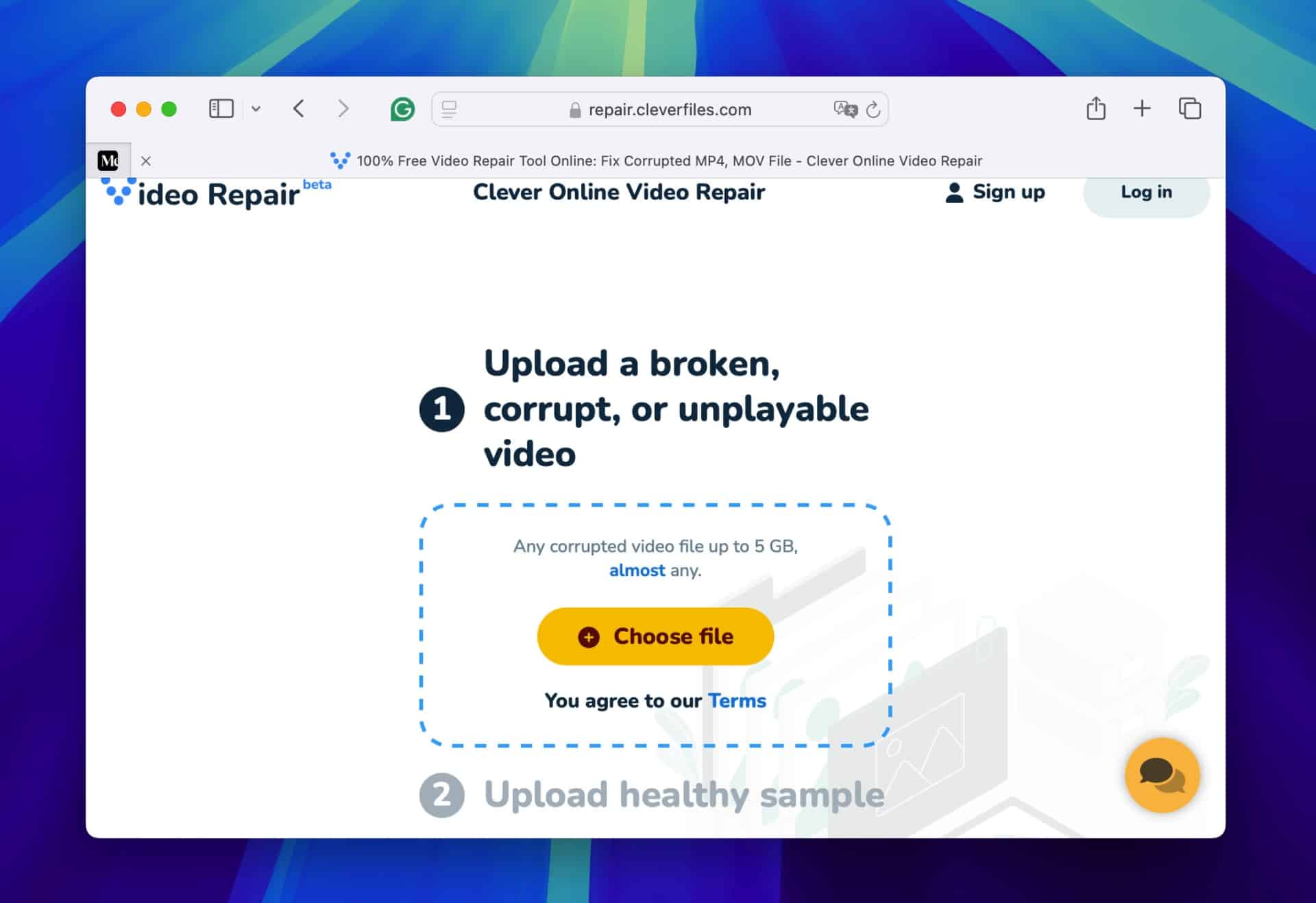 Screenshot of a website titled "Clever Online Video Repair" showcasing its seamless Video Recovery feature. The page prompts macOS users to upload broken or corrupted video files, with a button labeled "Choose file." It supports video uploads up to 5 GB, ensuring even large files can be restored effortlessly.