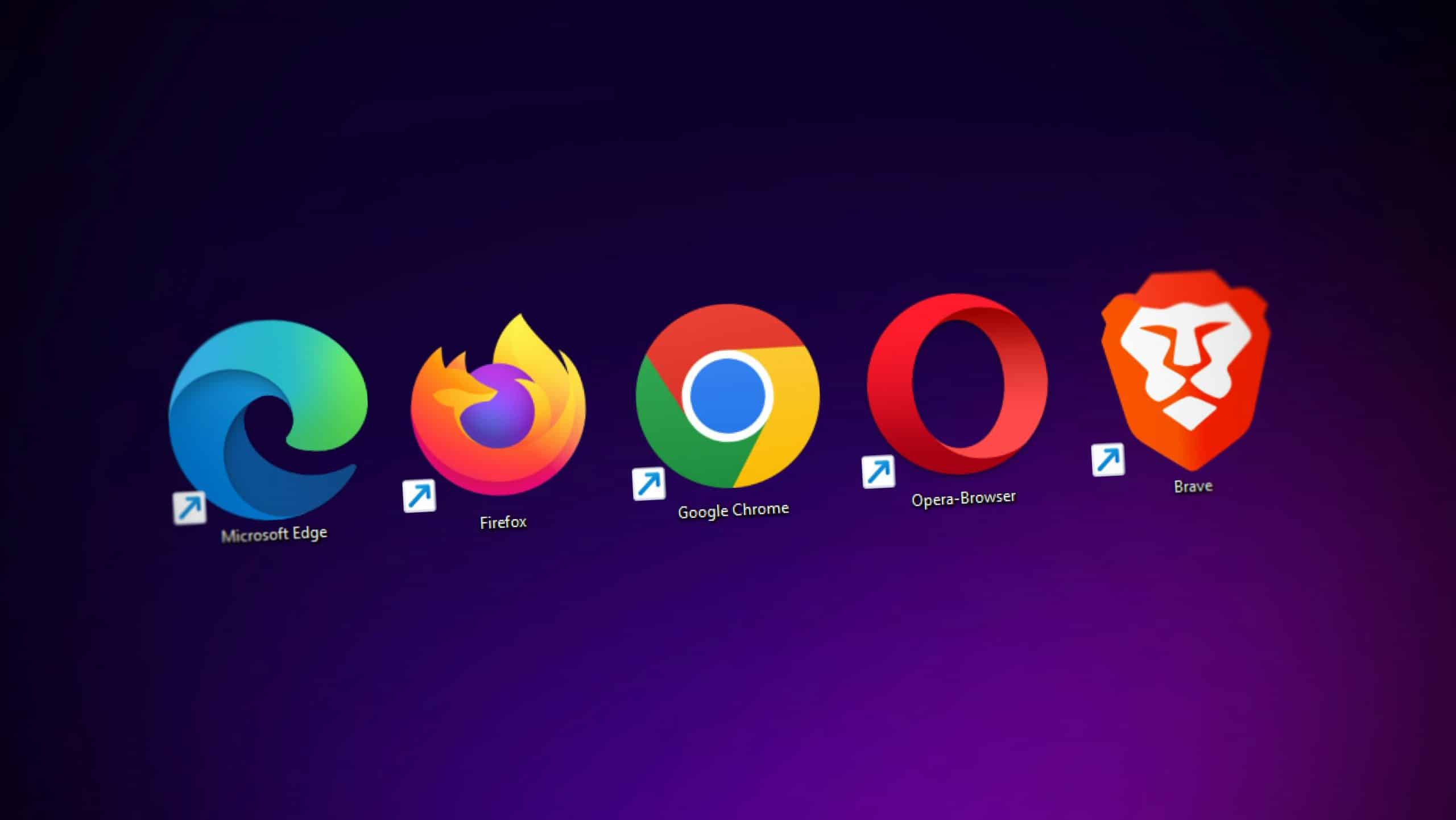 A desktop screen showcasing shortcut icons for five web browsers, including Microsoft Edge, Firefox, Google Chrome, Opera Browser, and Brave on a dark gradient background reminiscent of a Doj.