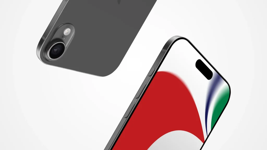 A close-up of an iPhone 17 Pro. The image captures the rear camera of a gray device and the front screen displaying a vibrant abstract red, white, and blue wallpaper. This smartphone flaunts a sleek, modern design with elegantly rounded edges.