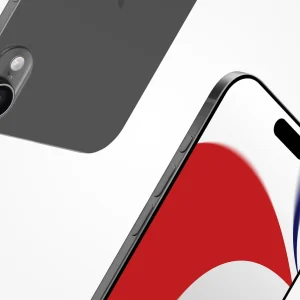 A close-up of an iPhone 17 Pro. The image captures the rear camera of a gray device and the front screen displaying a vibrant abstract red, white, and blue wallpaper. This smartphone flaunts a sleek, modern design with elegantly rounded edges.