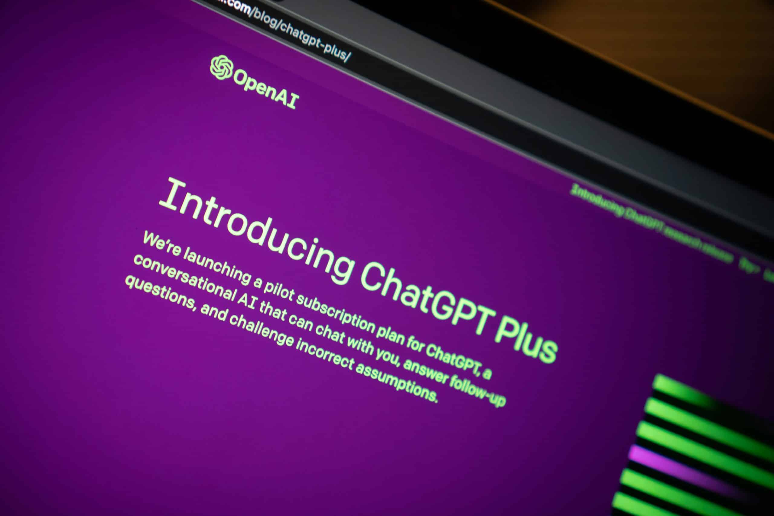 A computer screen showcasing a webpage with a purple background and text that reads, "Introducing ChatGPT Plus" for enhanced coding productivity. The OpenAI logo is prominently visible at the top left corner.