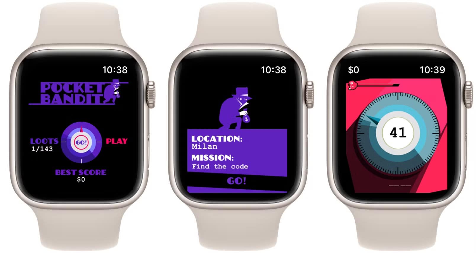 Three smartwatches display a game called "Pocket Bandit," a standout among Apple Watch games. The screens show in-game graphics: a title screen, a mission screen with a bandit character, and a safe-cracking dial with the number 41 highlighted.