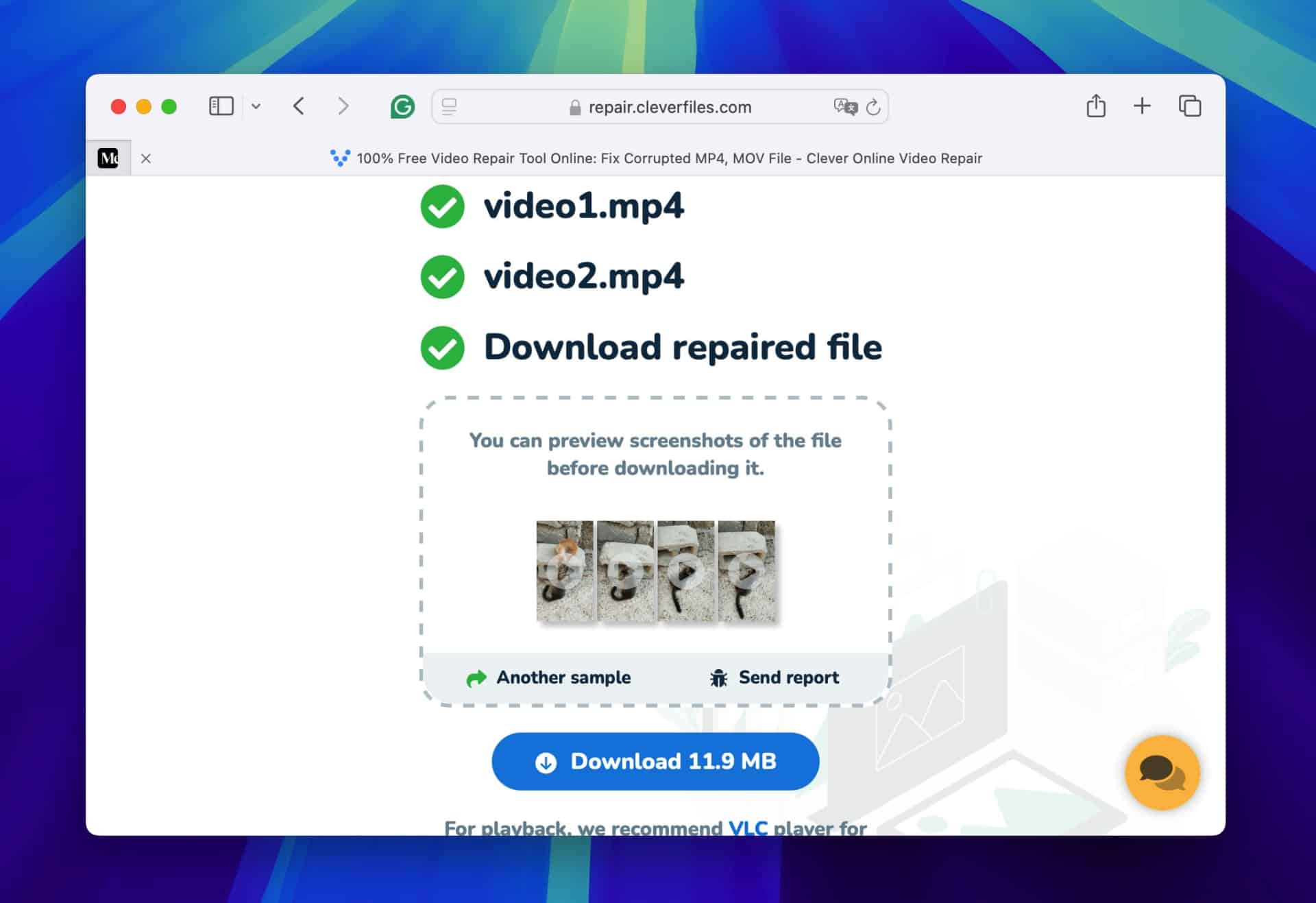 Screenshot of a web page on repair.cleverfiles.com, displaying a successful macOS video repair status for "video1.mp4" and "video2.mp4." There's a preview of the repaired files with an option to "Download 11.9 MB" at the bottom, ideal for users seeking to repair corrupted video files effortlessly.