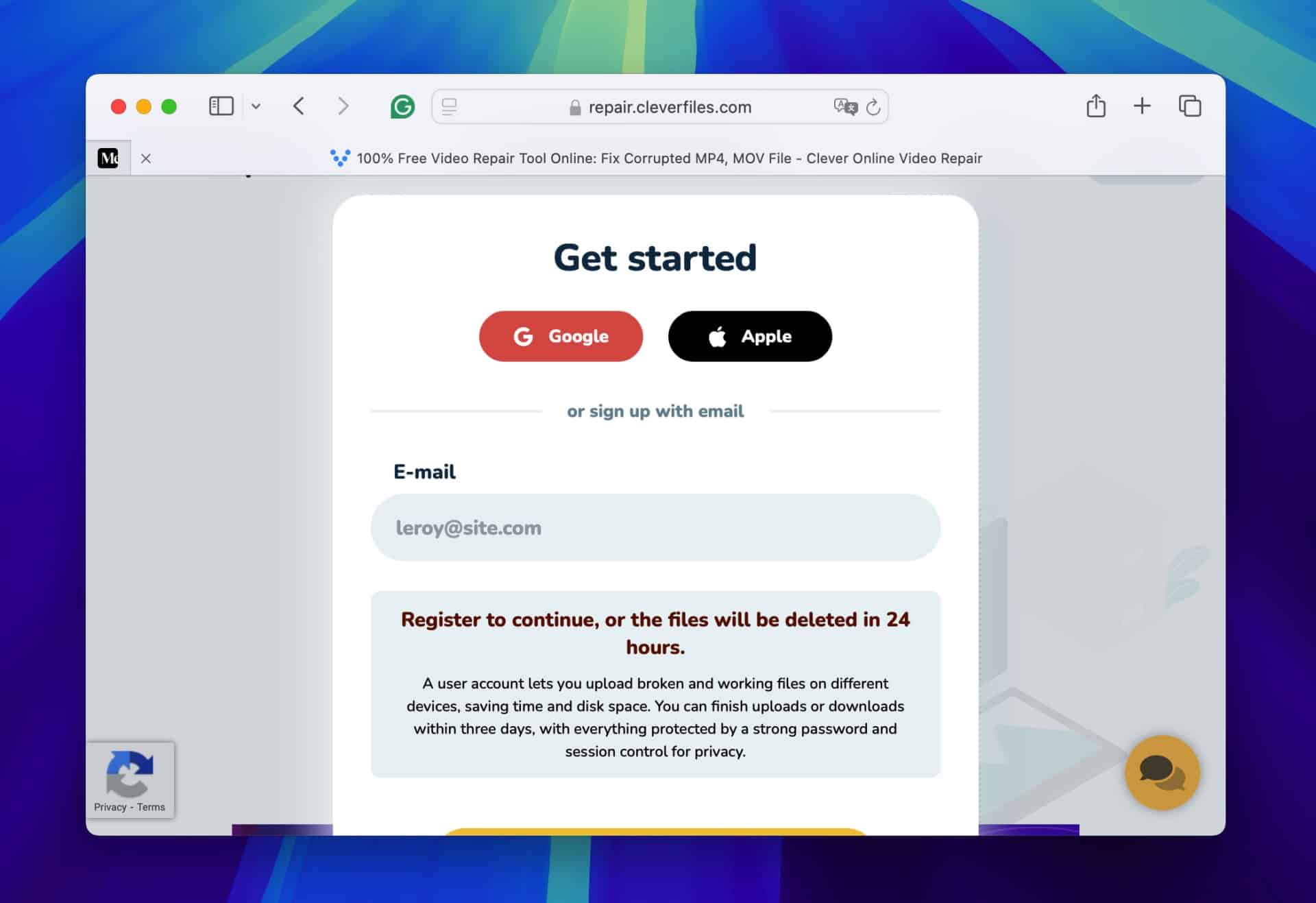 Screenshot of a "Clever Files" webpage showing options to sign up using Google, Apple, or email. An email "leroy@site.com" is entered in the field. A notice warns files, including those needing Video File Repair on macOS, will be deleted if not registered within 24 hours.