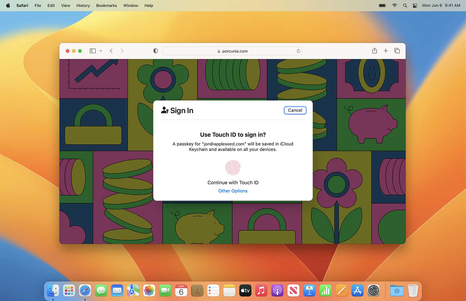 A computer screen displays a colorful website with shapes like leaves, flowers, and a piggy bank. A pop-up window prompts the user to sign in using Touch ID or WeChat. MacOS icons are visible in the dock below.