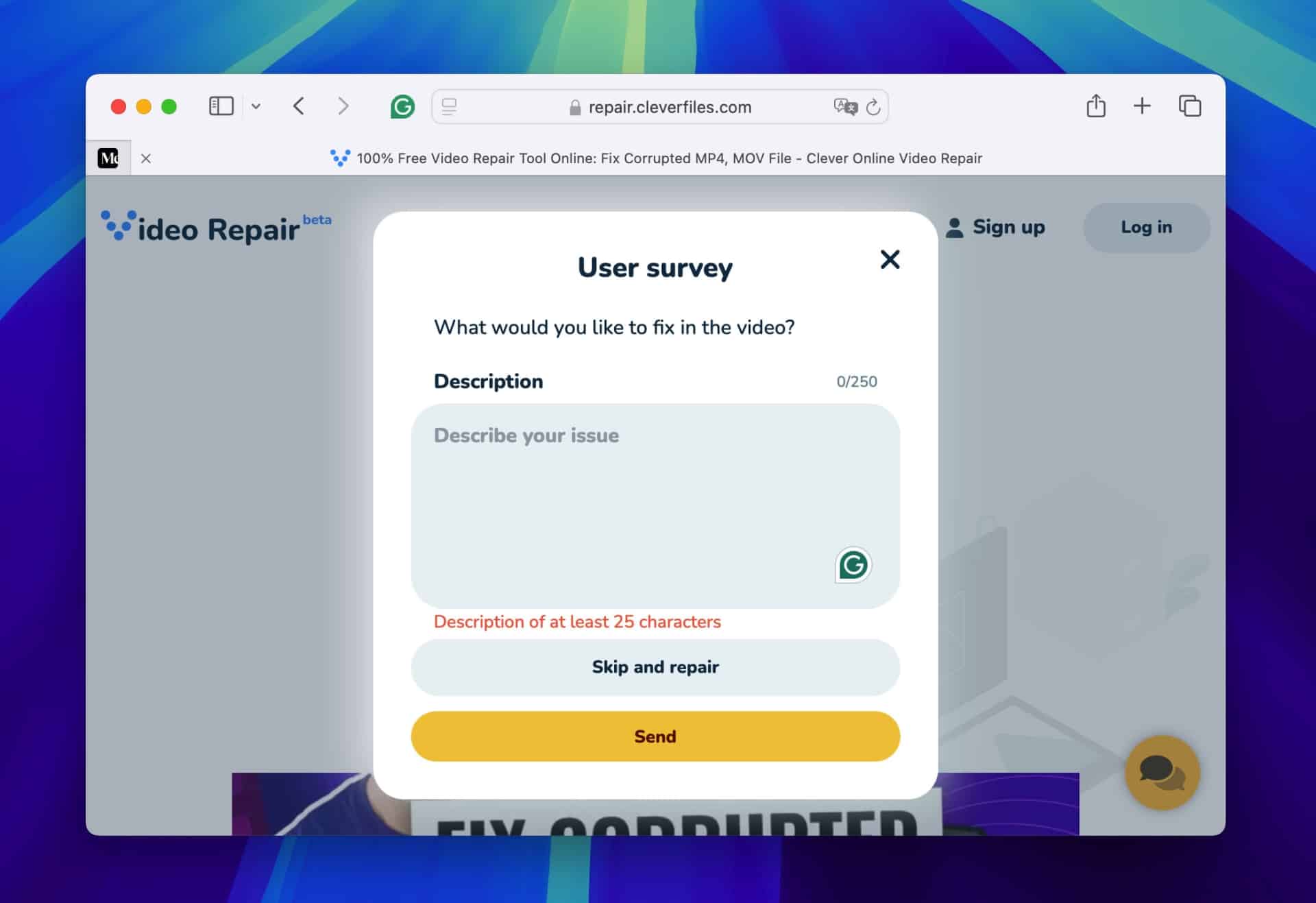 A pop-up survey on a website asks, "What would you like to fix in the video?" with options to "Send" or "Skip and repair." The background showcases a partial logo, with text stating, "Repair corrupted video files on macOS.