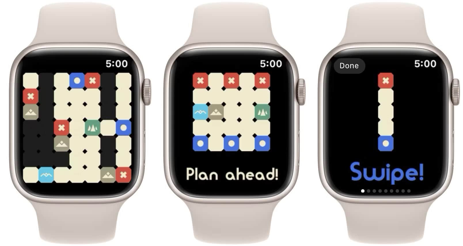 Three smartwatches, including the Apple Watch, display a puzzle game. The first shows a maze with colored blocks. The second reads "Plan ahead!" with a similar puzzle. The third shows "Swipe!" with a simplified version of one of the best games on Apple Watch.