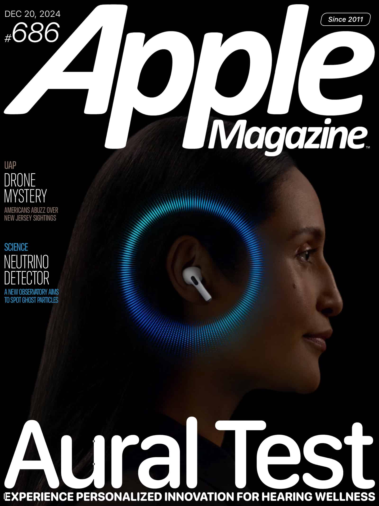 A magazine cover featuring a woman with an earbud in her ear, surrounded by a colorful sound wave graphic. The title reads "Apple Magazine" with the subtitle "Aural Test: Experience Personalized Innovation for Hearing Wellness.