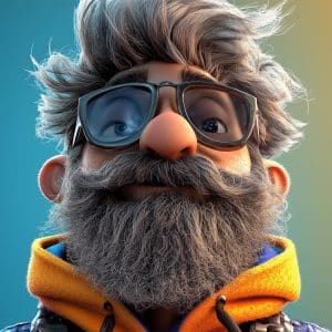 A stylized, animated character with a large nose, gray beard, and wild hair is featured in this vibrant 2D creation. They wear oversized glasses, a colorful hoodie against a textured background. Perfect for business uses, the image includes a small logo in the corner.