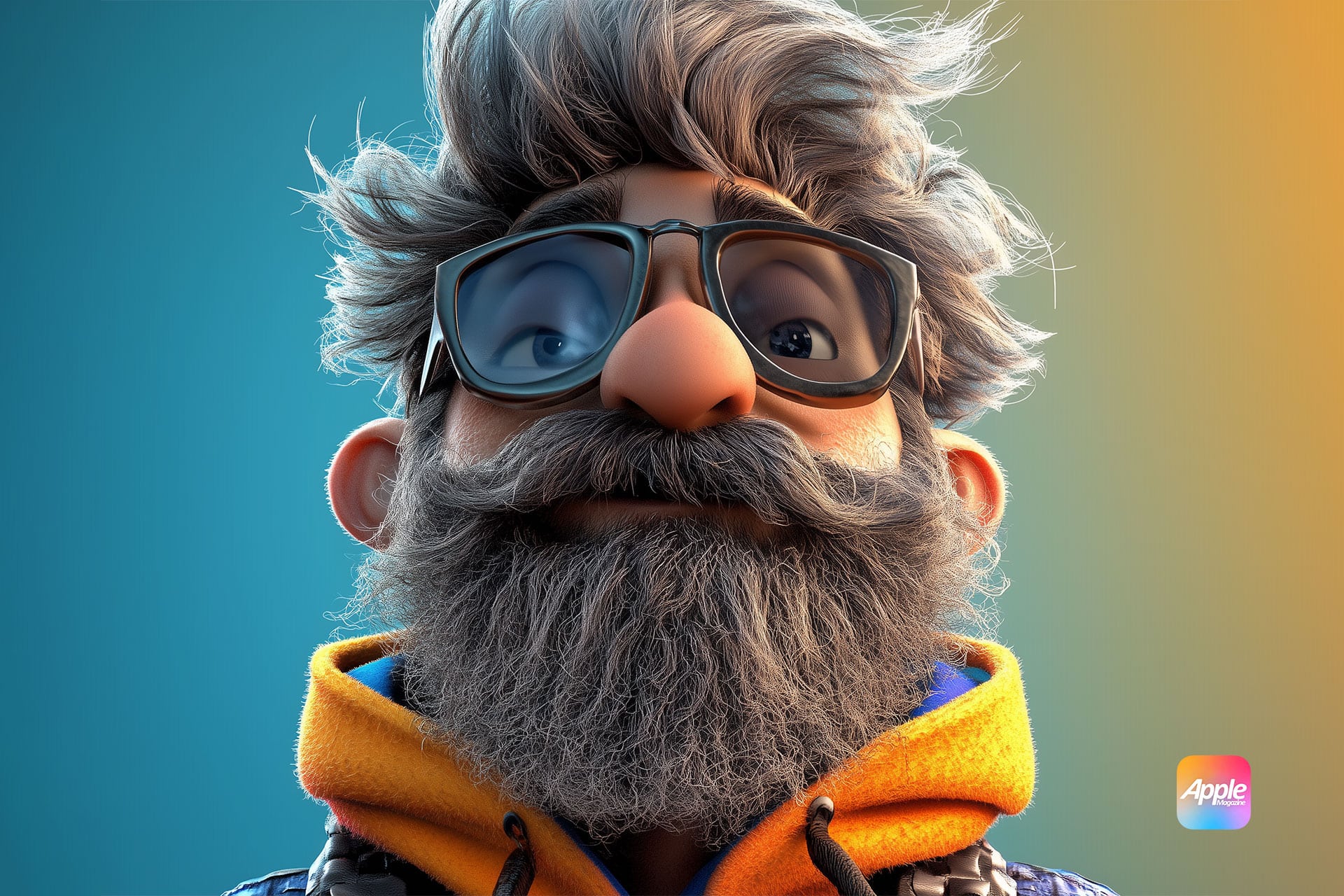 A stylized, animated character with a large nose, gray beard, and wild hair is featured in this vibrant 2D creation. They wear oversized glasses, a colorful hoodie against a textured background. Perfect for business uses, the image includes a small logo in the corner.