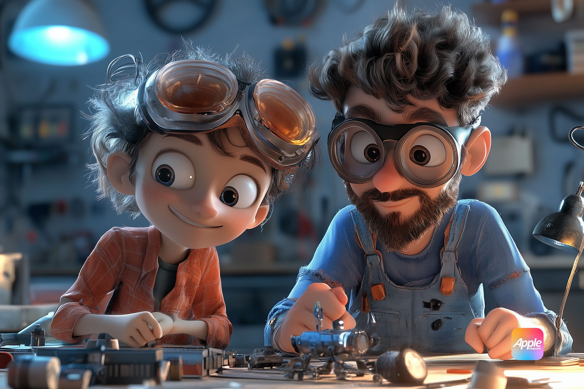 In a busy workshop, two animated characters focus on their project. Both don goggles; one sports a beard. Surrounded by various tools, they hone in on a small device lit from below, revealing an Apple logo. Their teamwork could be the heart of a 2D and 3D animated video scene.