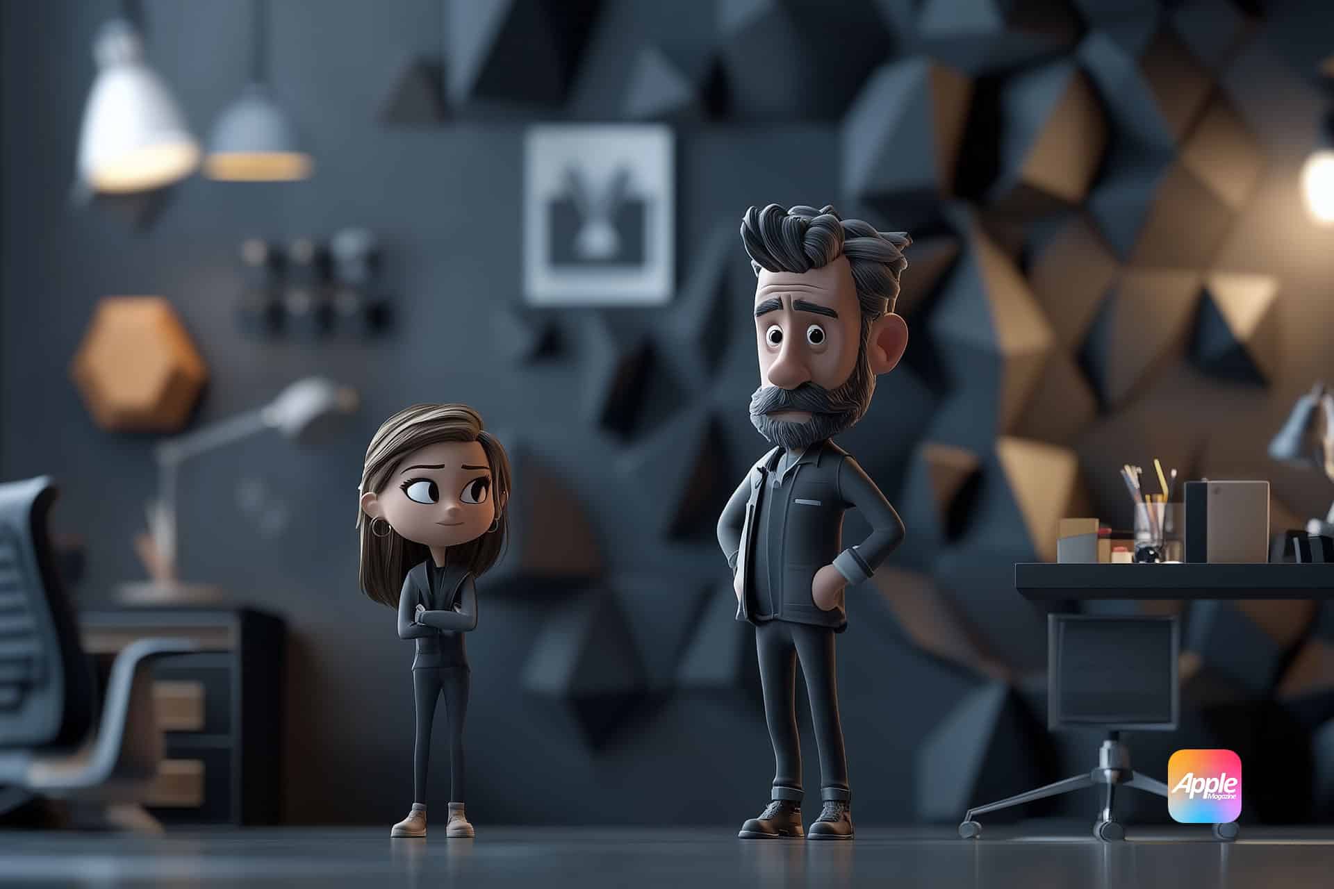 In a business-themed animated office scene, a young girl stands with arms crossed, facing an older man with a beard. The backdrop features a geometric wall, a desk with stationery, and an office chair. This modern and minimalistic setting enhances the dynamic of this 2D and 3D animated video.