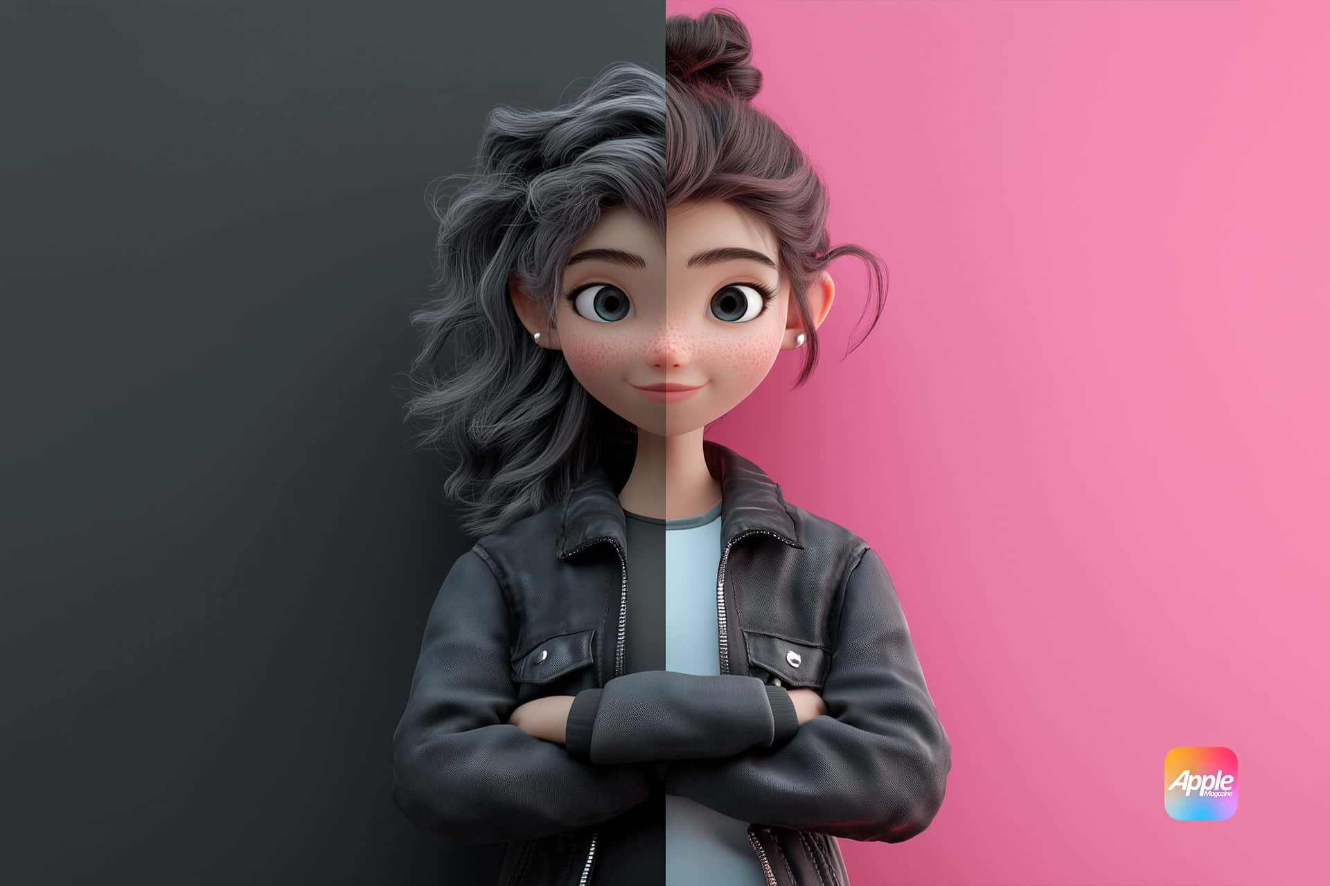 An illustration of a girl with curly hair and freckles stands confidently, her leather jacket bridging the monochrome dark gray side with the colorful pink side. Her pose echoes the dynamic storytelling found in 2D animated videos. A logo in the corner reads "Apple.