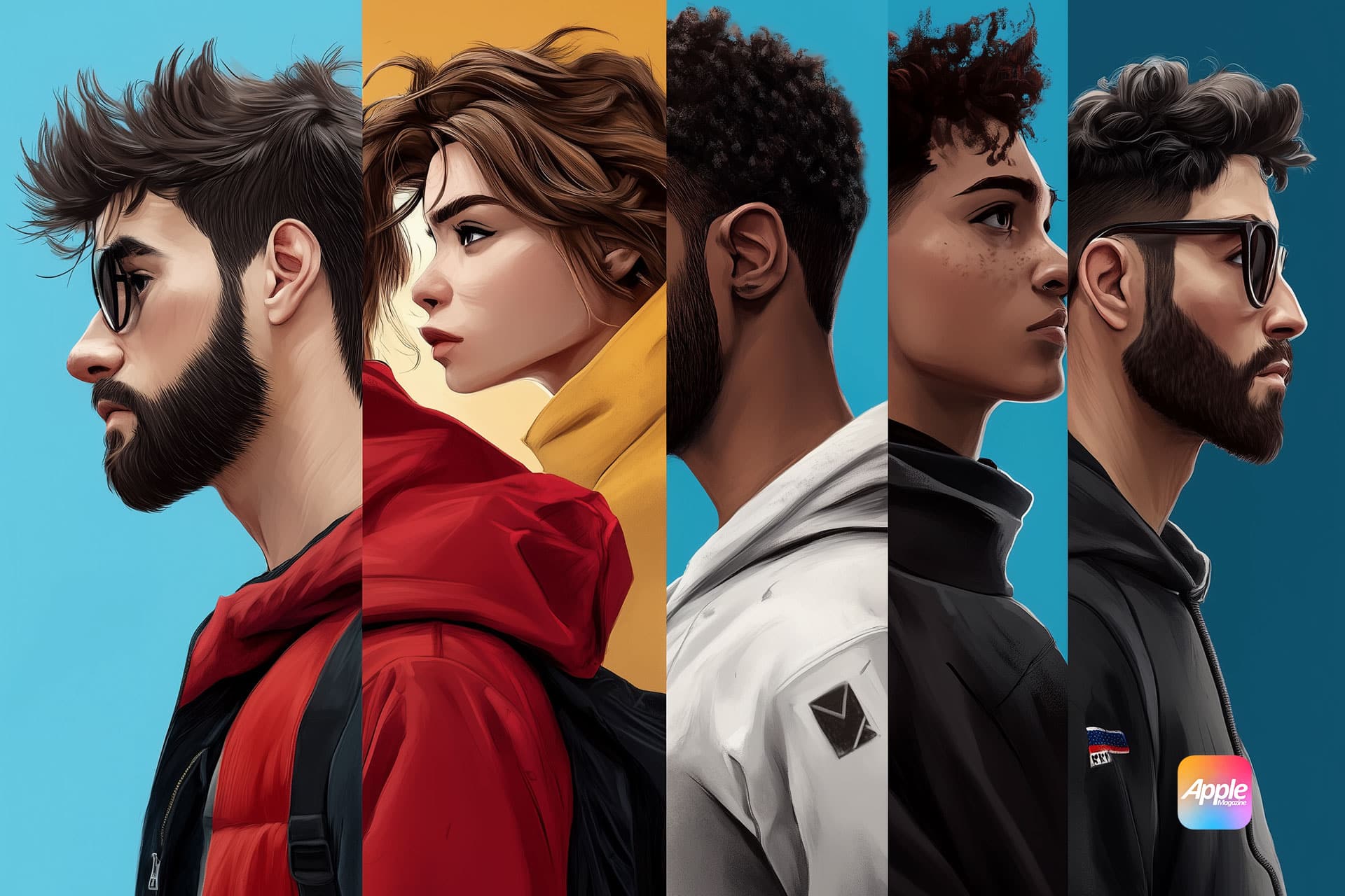 Illustration of five diverse individuals in profile, each wearing different colored jackets and sunglasses. The background colors match their jackets, creating a segmented look reminiscent of 2D animated videos. A small logo labeled "Apple" appears in the bottom right corner.