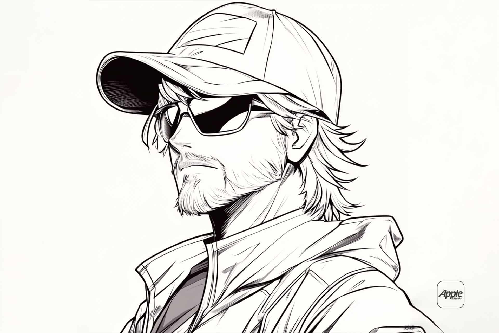 Black and white illustration of a bearded man in a baseball cap, sunglasses, and jacket. The line-based art style highlights his long hair peeking from under the cap. A logo resembling "Apple" hints at his business persona.