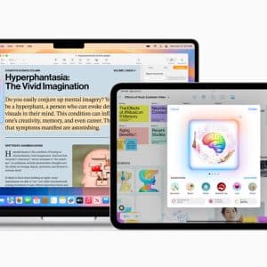 A laptop, tablet, and smartphone are displayed, each showcasing different screens. The Apple devices show articles, app interfaces, and a home screen with notifications. The image highlights technology and digital content across Apple's innovative products.