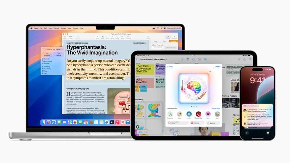 A laptop, tablet, and smartphone are displayed, each showcasing different screens. The Apple devices show articles, app interfaces, and a home screen with notifications. The image highlights technology and digital content across Apple's innovative products.