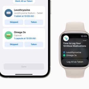 A smartphone and smartwatch showcase a Medication Reminders app. The phone offers options to log Levothyroxine and Omega 3s as "Skipped" or "Taken," while the watch prompts, "Time to Log Your 10:00 AM Medications," with a "Log All as Taken" button.