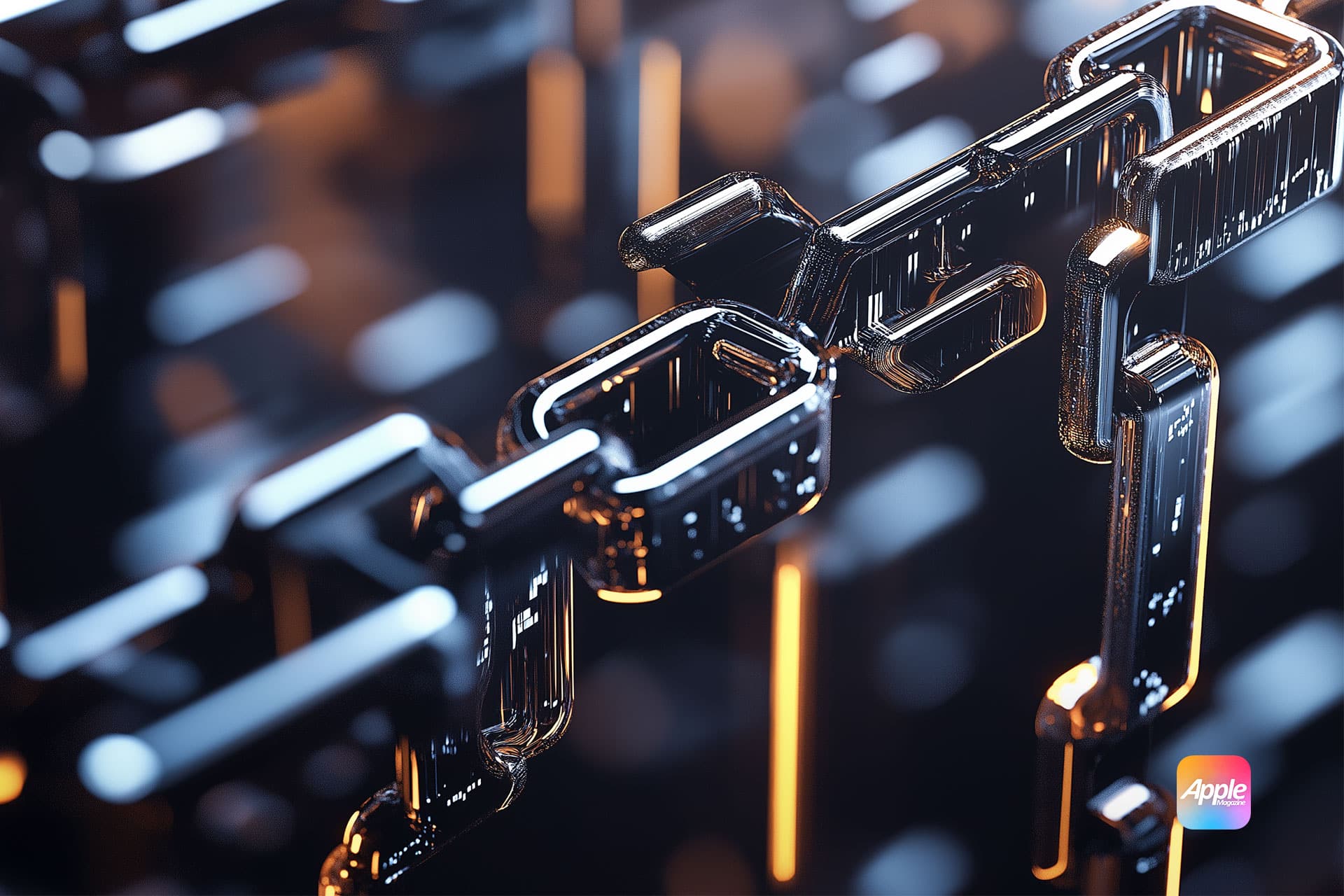 A close-up of a chain-like structure in a dark, futuristic setting with glowing orange highlights hints at the blockchain future. The image features sleek, metallic surfaces with a small, colorful Apple logo in the corner, alluding to HBAR's potential rise by 2025.