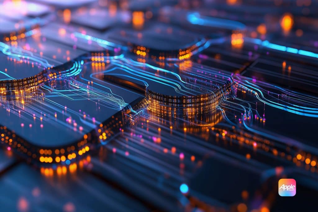 A close-up of a futuristic circuit board glowing with blue and orange lights, resembling a 2025 cityscape at night. The intricate network creates a high-tech, digital atmosphere. An Apple logo is visible in the corner, hinting at innovative advancements akin to HBAR's potential.