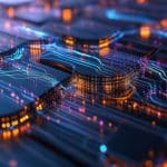 A close-up of a futuristic circuit board glowing with blue and orange lights, resembling a 2025 cityscape at night. The intricate network creates a high-tech, digital atmosphere. An Apple logo is visible in the corner, hinting at innovative advancements akin to HBAR's potential.