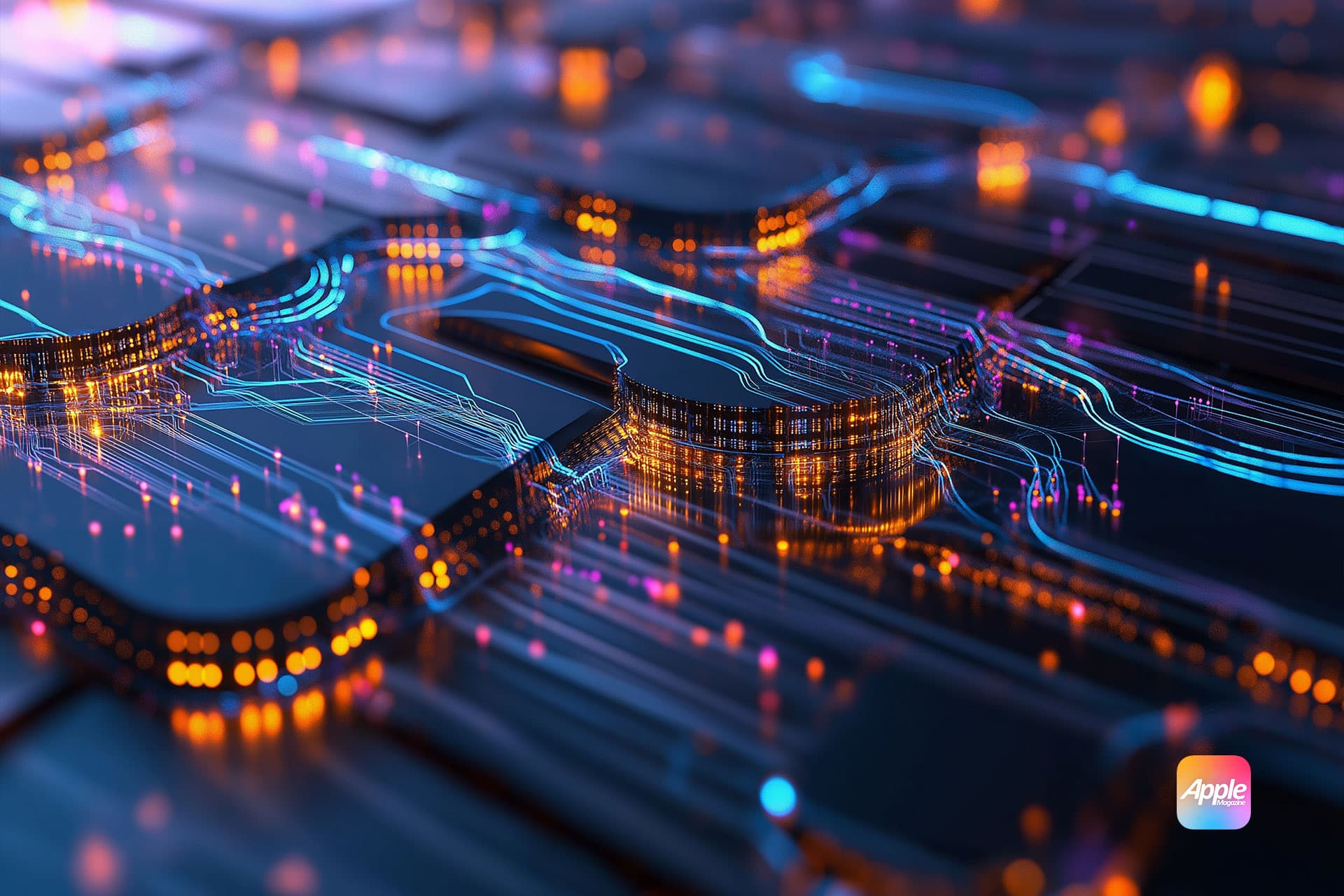 A close-up of a futuristic circuit board glowing with blue and orange lights, resembling a 2025 cityscape at night. The intricate network creates a high-tech, digital atmosphere. An Apple logo is visible in the corner, hinting at innovative advancements akin to HBAR's potential.