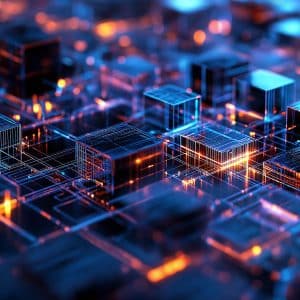 A futuristic digital circuit board with glowing blue and orange elements, resembling a virtual cityscape in 2025. The Apple logo is visible in the bottom right corner, subtly hinting at integration with HBAR price prediction technology.