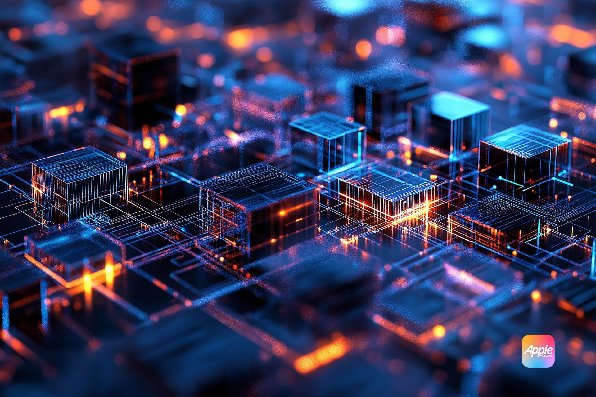 A futuristic digital circuit board with glowing blue and orange elements, resembling a virtual cityscape in 2025. The Apple logo is visible in the bottom right corner, subtly hinting at integration with HBAR price prediction technology.