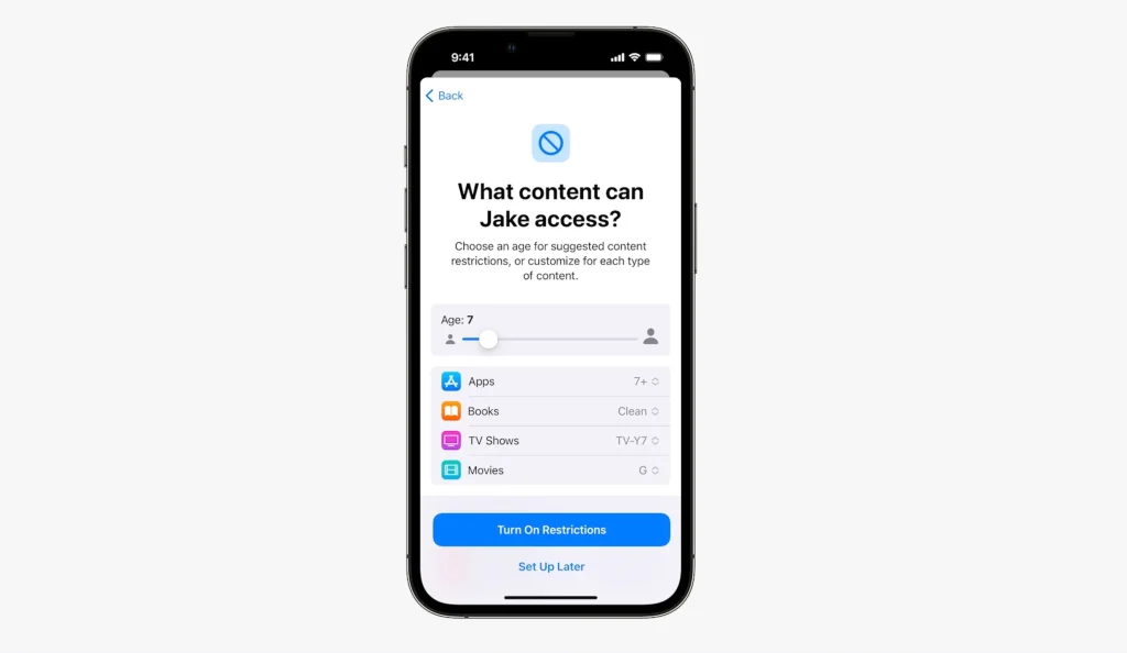 A smartphone screen running iOS 18 shows a parental control setup interface titled "What content can Jake access?" It features age settings and options for restricting apps, books, TV shows, and movies. Two buttons read "Turn On Restrictions" and "Set Up Later.