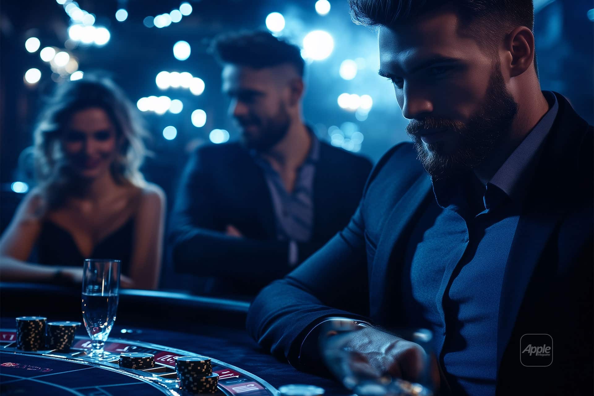 A man in a suit sits at a casino table, focused on the casino games. A woman and another man in suits linger in the background, slightly out of focus. Illuminated with blue and white lights, the scene is vibrant with chips and a glass—perfect for Hungarian players seeking thrilling iOS casino games.