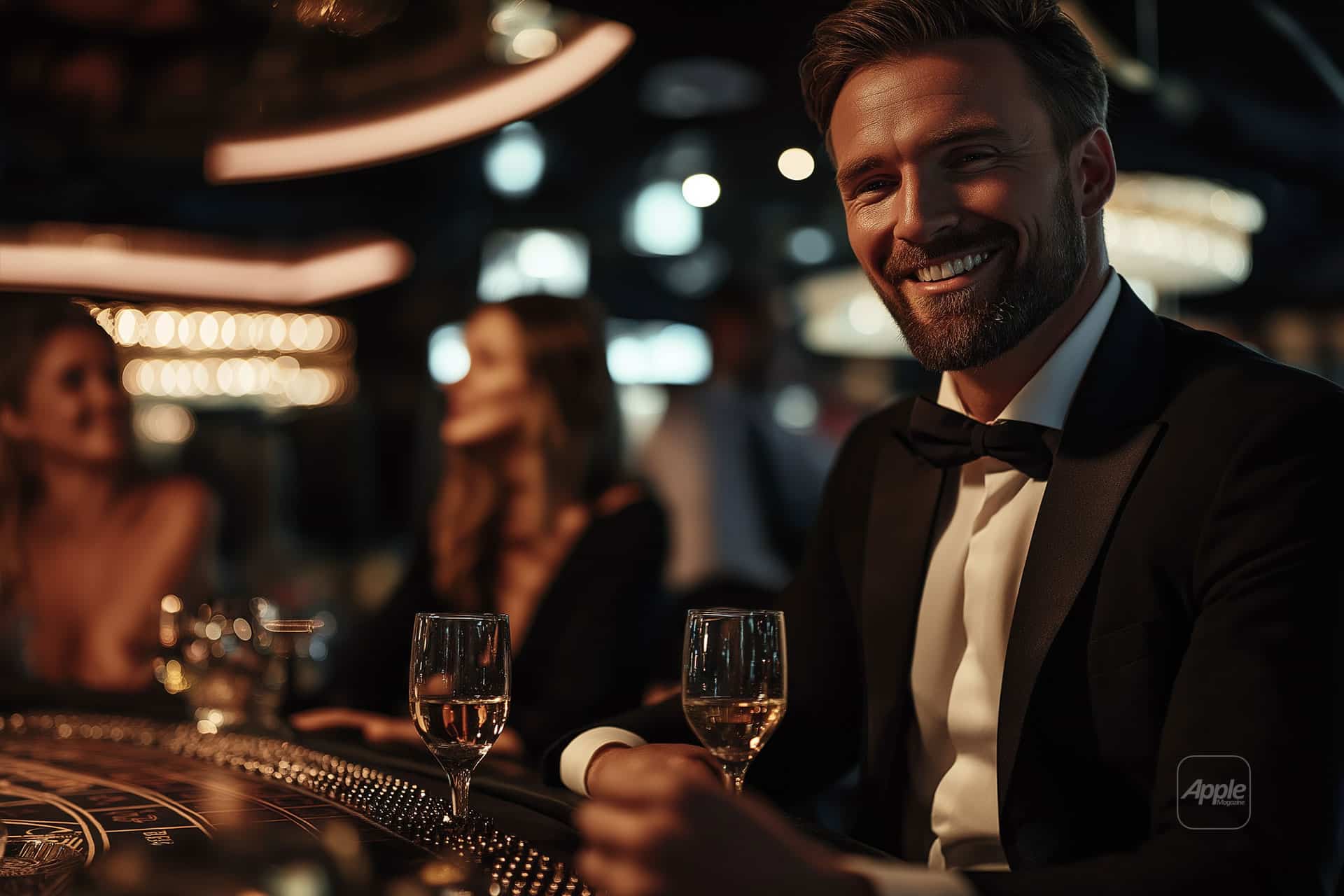 A smiling man in a tuxedo sits at a casino table, enjoying Top Casino Games, with a drink in hand. Two women are blurred in the background. The setting is illuminated with warm, ambient lighting, creating an elegant atmosphere reminiscent of iOS Casino Games.