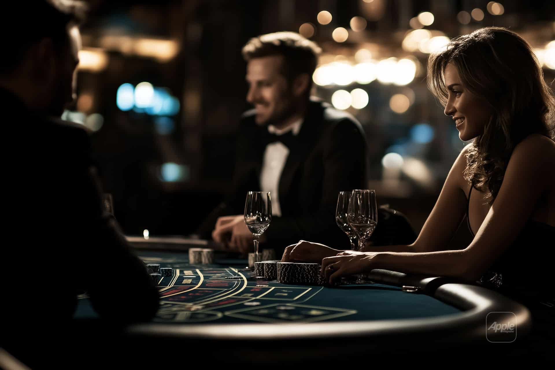 A woman and two men, elegantly dressed, sit at a casino table. The woman smiles, holding a stack of poker chips reminiscent of the vibrant excitement found in iOS casino games. The background is softly lit, creating a warm, elegant atmosphere that appeals to Hungarian players.